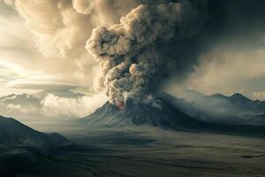 ai généré volcan éruption avec fumée dans le des nuages. photo