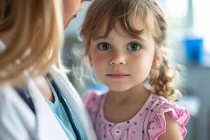 ai généré peu fille avec une stéthoscope à le médecins bureau. photo