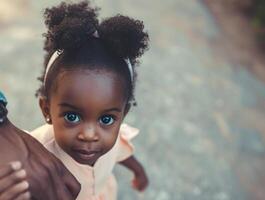 ai généré généré image.portrait de une Jeune africain fille avec charmant yeux et des nattes, à la recherche en haut et en portant sa du père main. photo