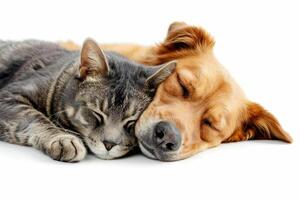 ai généré une serein tigré chat et d'or retriever chien endormi côté par côté, symbolisant camaraderie et paix. photo