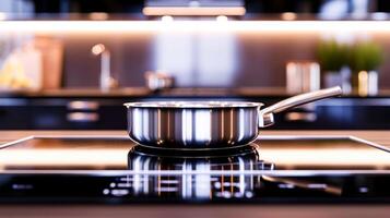 ai généré métal brillant la poêle sur un induction le fourneau contre le Contexte de une flou image de le cuisine photo