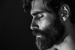 ai généré fermer de une barbu homme profil dans noir et blanche. photo