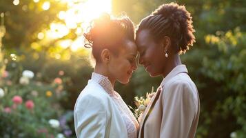 ai généré deux femmes partage une soumissionner moment dans une ensoleillé jardin. photo