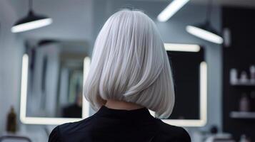 ai généré arrière vue de une femme argent bob la Coupe de cheveux dans une salon.moderne bob coiffure. photo