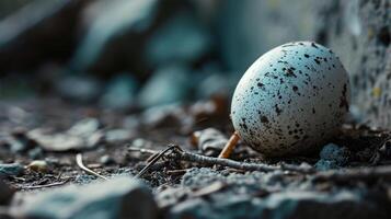 ai généré une solitaire tacheté Oeuf sur une forêt sol. photo