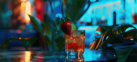 ai généré une cocktail avec une fraise garnir et une concombre tranche photo