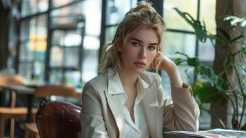 ai généré concentré femme d'affaires à café photo