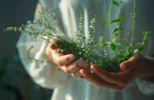 ai généré une femme est appliquant peau se soucier à sa mains tandis que en portant certains herbes photo