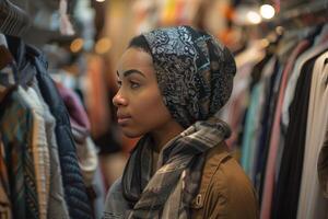 ai généré contemplatif femme dans à motifs écharpe photo