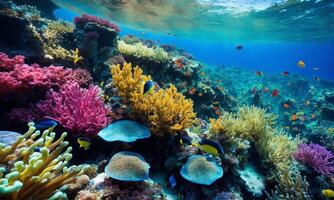 ai généré sous-marin vue de le corail récif. écosystème. la vie dans tropical des eaux. photo