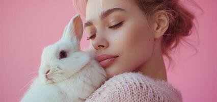 ai généré une femme en portant une lapin lapin sur rose Contexte photo