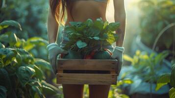 ai généré une femme avec gants et short en portant une en bois Caisse de des légumes photo