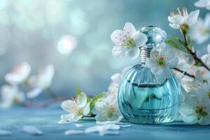 ai généré parfum bouteille sur fleur avec blanc fleurs et bleu Contexte photo
