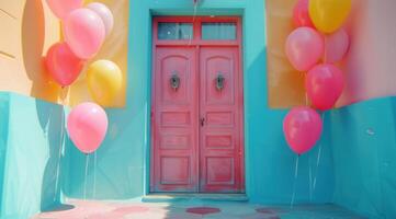 ai généré coloré des ballons accroché de une en bois porte, photo