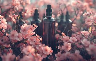 ai généré petit bouteilles de parfum sont tout autour chaque autre avec certains rose fleurs photo
