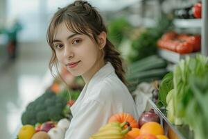 ai généré une femme est séance à une compteur avec certains des fruits et des légumes photo