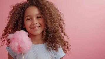 ai généré fille, dix ans vieux, des stands souriant et à la recherche à le caméra, en portant une grand rose coton bonbons dans sa main photo