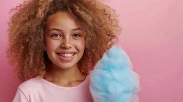 ai généré une magnifique aux cheveux bouclés fille, dix ans vieux, des stands souriant et à la recherche à le caméra photo