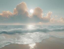 ai généré une sablonneux plage et océan Contexte avec des nuages et le Soleil photo