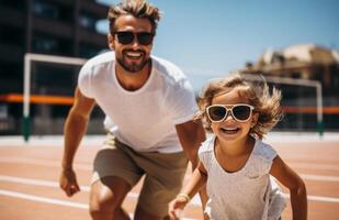 ai généré une blanc homme et le sien fille dans blanc des lunettes de soleil sont en jouant basketball sur une tribunal photo