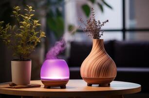 ai généré un essentiel pétrole diffuseur séance sur une table plein de aromathérapie bougie photo