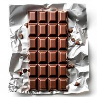 ai généré Chocolat bar dans argent emballage isolé sur blanc Contexte photo