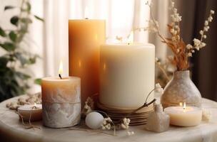 ai généré bougies sur une blanc table ambiance Stock photo