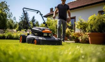 ai généré homme fauchage pelouse dans de face jardin avec pelouse tondeuse photo