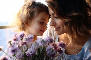 ai généré mère embrasser enfant avec fleurs sur visage l'amour photo