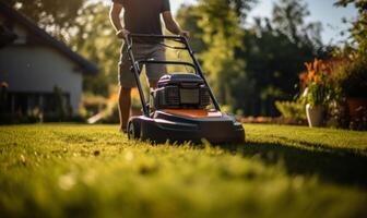 ai généré la personne fauchage herbe avec un Orange pelouse tondeuse photo