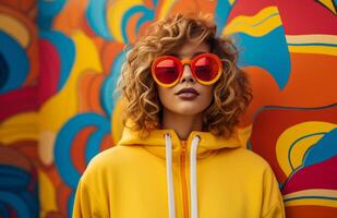 ai généré femme portant coloré sweat à capuche avec des lunettes de soleil sur Contexte photo