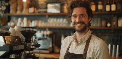 ai généré une de bonne humeur barman, portion café avec une sourire, dégage chaleur et hospitalité dans le café environnement photo