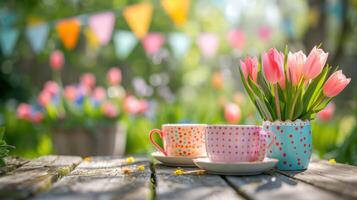 ai généré une de fête Pâques jardin fête paramètre, avec de bonne humeur bruant, délicat tasses à thé photo