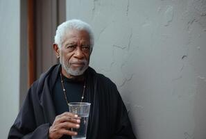 ai généré une homme avec gris cheveux détient une verre de l'eau photo