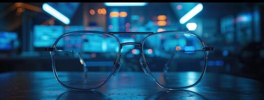 ai généré une paire de des lunettes séance sur une foncé table photo