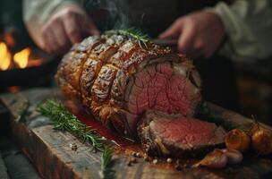 ai généré une la personne est une pièce de rôti du boeuf sur une planche photo