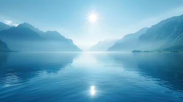 ai généré une serein Lac reflétant une clair bleu ciel et imposant montagnes photo