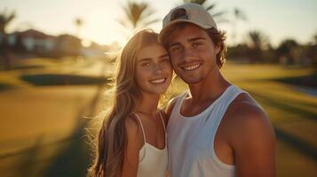 ai généré le coucher du soleil embrasse de une Jeune couple photo