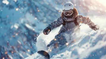 ai généré une Jeune snowboarder monte vers le bas un alpin Montagne à haute la vitesse photo