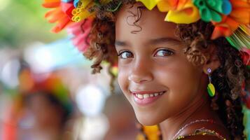 ai généré magnifique Jeune fille à le carnaval dans Rio de janeiro avec grand fond zone, décentré composition photo