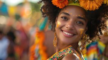 ai généré magnifique Jeune femme à le carnaval dans Rio de janeiro avec grand fond zone, décentré composition photo