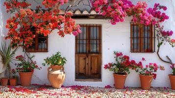 ai généré bougainvilliers les plantes dans une argile pot des stands sur le terrasse de une classique rustique Espagnol maison photo