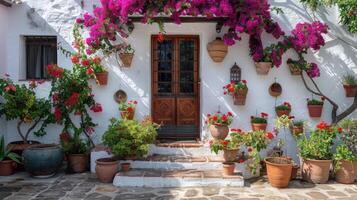 ai généré bougainvilliers les plantes dans une argile pot des stands sur le terrasse de une classique rustique Espagnol maison photo