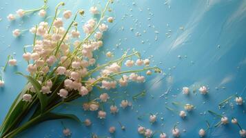 ai généré une magnifique bouquet de blanc fleurs de lys de le vallée mensonges sur le la gauche sur une bleu minimaliste pastel Contexte photo