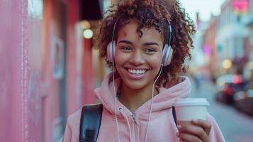 ai généré Urbain fille profiter la musique avec café sur le aller photo