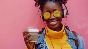 ai généré Urbain fille profiter la musique avec café sur le aller photo