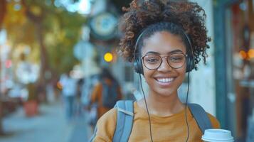 ai généré Urbain fille profiter la musique avec café sur le aller photo