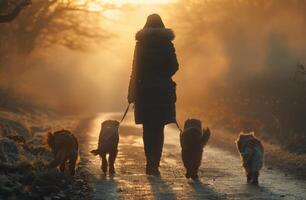 ai généré serein chien marcher à lever du soleil photo