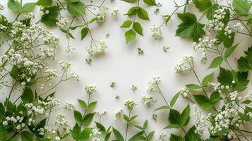 ai généré feuillage créative arrangé sur une blanc Contexte avec texte espace. avec blanc gypsophile, feuille et fleur Cadre photo