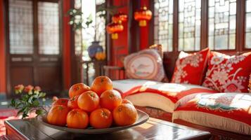 ai généré dans une de fête vivant chambre, une café table orné avec mandarines et coussins sur le sol ensembles le scène pour une chinois Nouveau année photo